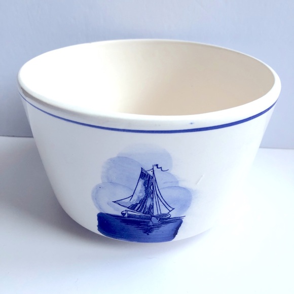 Vintage Windmill Sailboat Ceramic Bowl Planter Container Blue White 5 1/4” - Picture 3 of 15